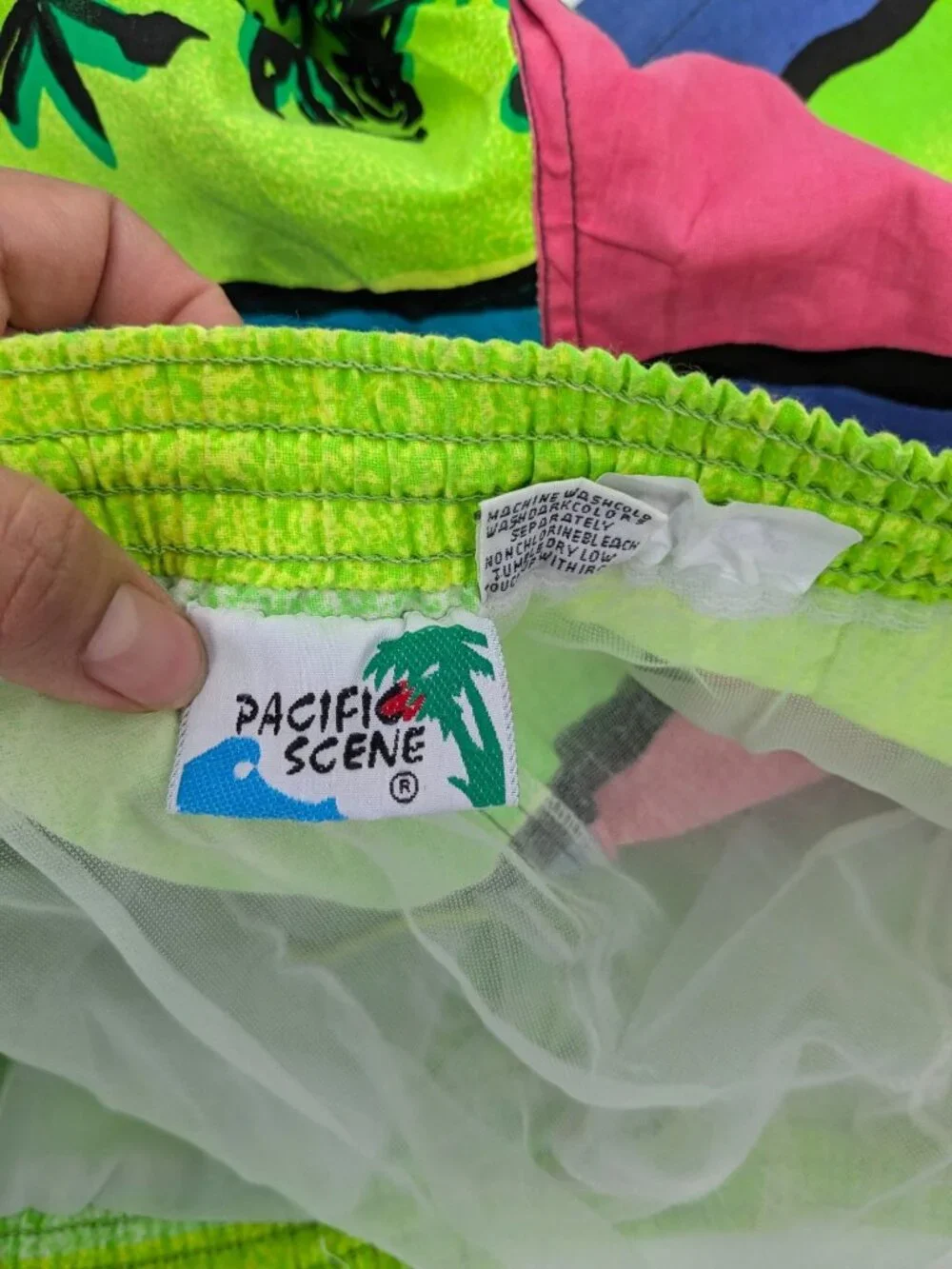 Vtg‎ Pacific Scene Neon Striped Swim Trunks Tropical Y2K Palm Beach Retro XLarge